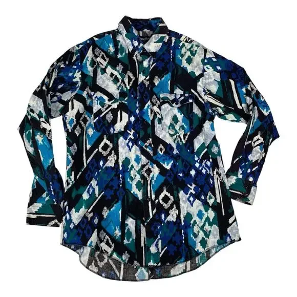 Wrangler mens 16.5 Large cowboy cut blue black Aztec print long tail vintage yel - Picture 2 of 9